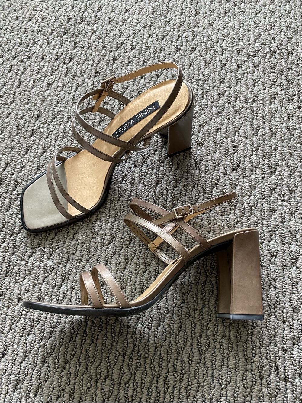 Nine West Metallic Taupe Multi-Strap Block Heel Sandals
